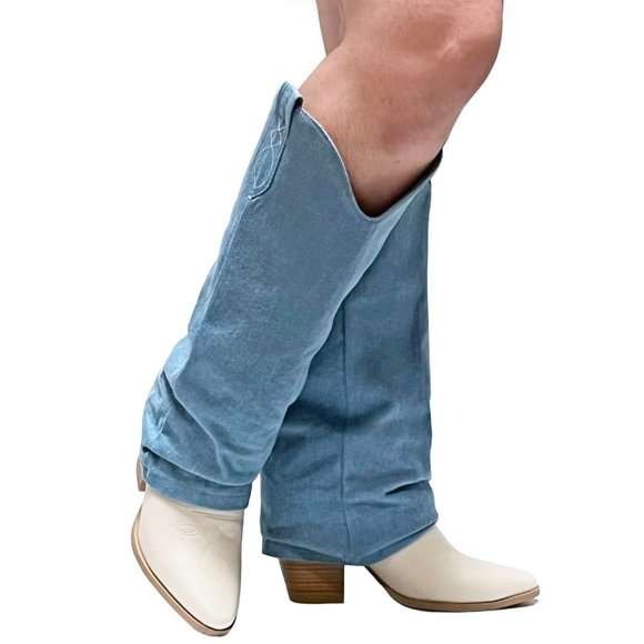 New Blue Denim Cowboy Fold Over Western Knee High Cowgirl Boots - Picture 3 of 3